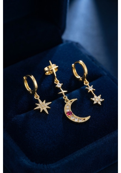 Gold Renk 3 Lü Ay Ve Yıldız Model Küpe Çok Renkli