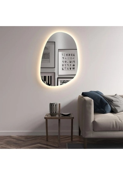 70x101 Cm Asimetrik Oval Led Banyo Aynası Dokunmatik Dim Edilebilir, 3000k Günışığı Sarı