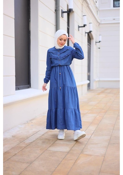Harman Butik Kadın Fır Fırlı Denim Kot Elbise Mavi