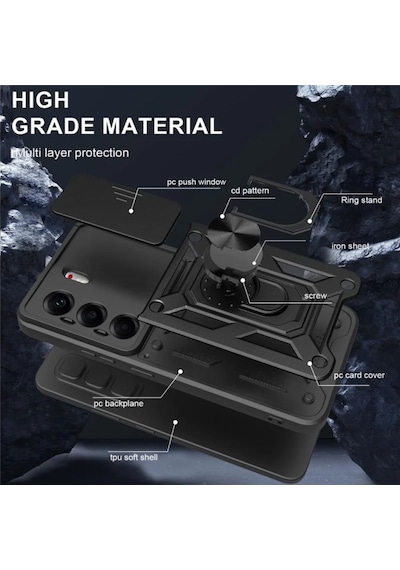 Tecno Camon 40 Pro 5G Uyumlu Tank Kılıf Yüzüklü Standlı Zırhlı Outdoor Kapak - Siyah