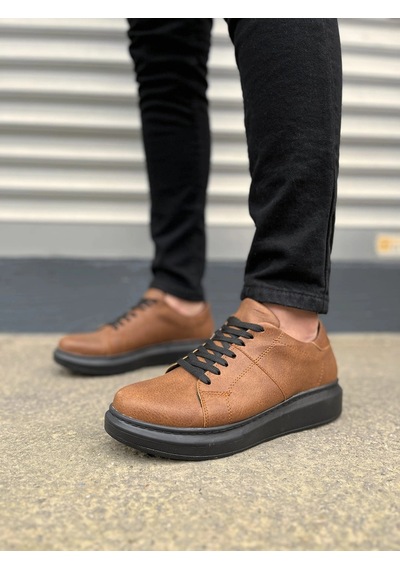 Mevese Tsoob Bağcıklı Cilt Erkek Günlük Rahat Taban Sneaker Ayakkabı - Taba Siyah
