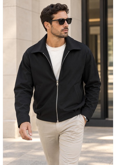 Polo State Erkek Astarlı Fermuarlı Lastik Bel Regular Fit Ceket - Siyah