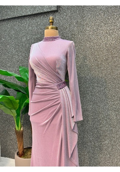 E&a Eren Abiye Uzun Kollu Boncuk Islemelı Elbıse Pembe