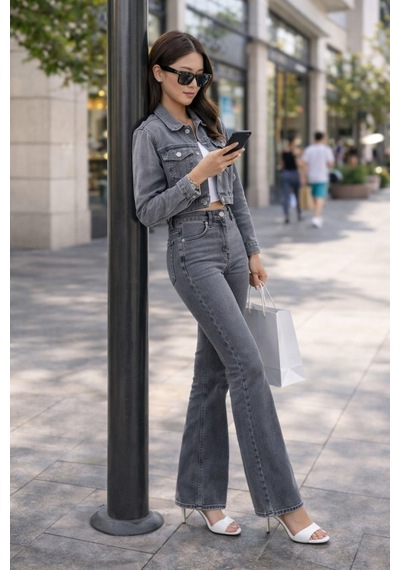Cedy Denim Cedy Denım Yüksek Kalite Kadın 5 Cep Düşük Bel İspanyol Paça Skinnyfit Esnek Jean Pantolon C619 Açık Gri