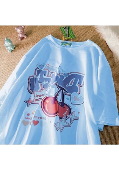 Kozia Outdoors Malkoçbey Vişne Baskılı Oversize Unisex Basic T-şhirt Bebe Mavi Bebe Mavi