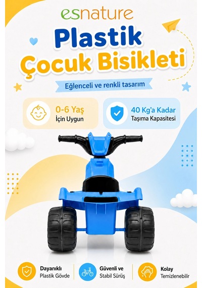 Esnature Plastik Çocuk Bisikleti 3 Tekerlekli Pedallı Mavi 0-6 Yaş 40 Kg Taşıma Kapasiteli Çok Renkli