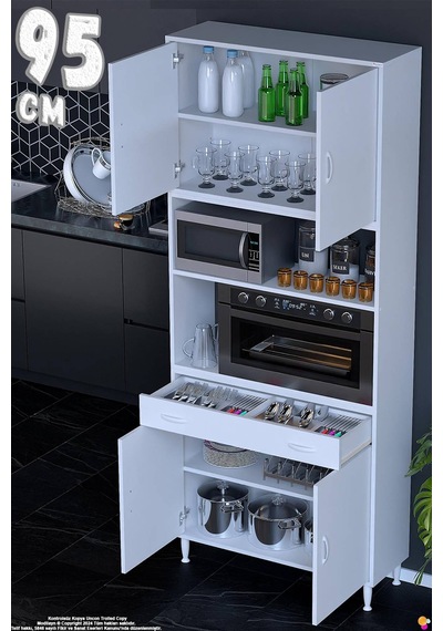 Bengi 95 Cm Organizer Fırın Dolabı - Kahve Makinası Mutfak Robotu Standı Çok Amaçlı 95x226x32 Cm Beyaz