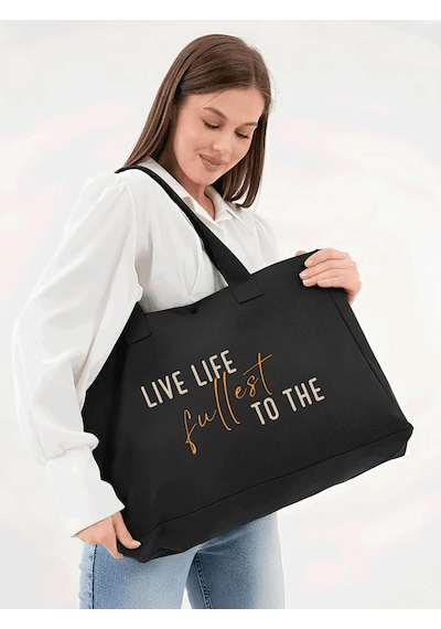Çınar Bez Çanta Siyah 3 Çıtlı Live Life Baskılı Büyük Boy Kanvas Çanta - Standart