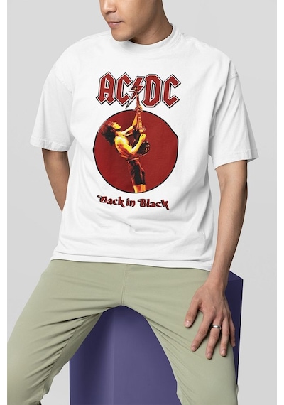 Ac Dc Back In Black Baskılı Unisex Oversize Rock Metal Tişört Beyaz
