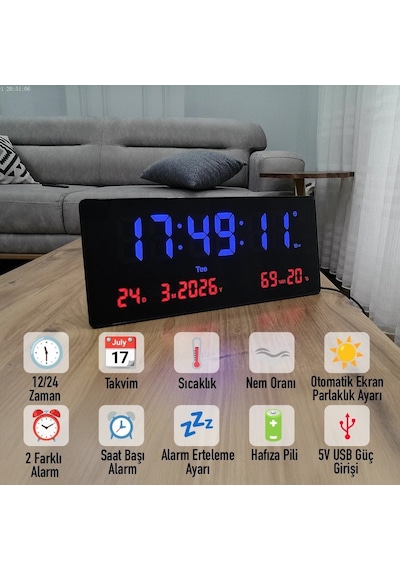 Upway 15 36 Cm Büyük Hd Led Dijital Duvar Saati Alarm Tarih Sıcaklık Nem Siyah
