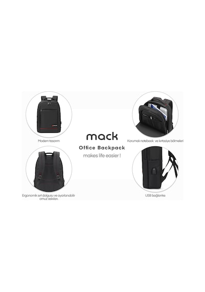 Mack MCC-007 17.3" Office USB Girişli Notebook Sırt Çantası Siyah