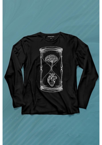 Kum Saati Kalp Beyin Aşk Mantık Uzun Kollu Tişört Baskılı T-shirt 001