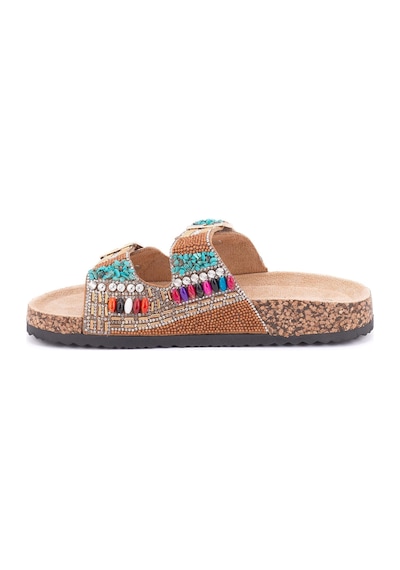 Guja 25y102-2 Kadın Mantar Taban Taşlı Çift Tokalı Comfort Terlik Camel Fuşya