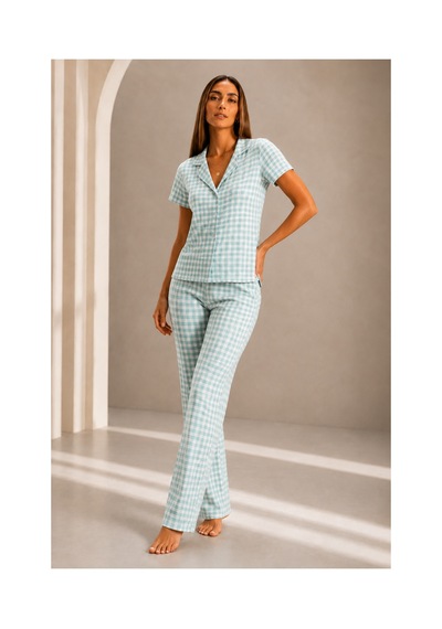 Fit Women Kadın Kısa Kol Rahat Kalıp Şık Su Yeşili Pijama Takımı