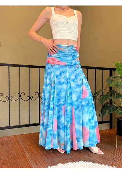 Ali Butik Desenli Drapeli Şifon Etek Çok Renkli