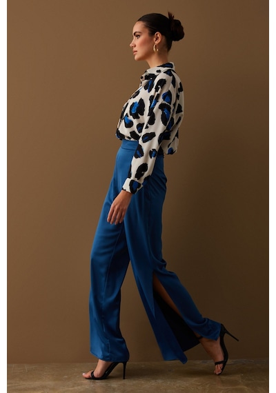 Sateen Yırtmaç Detaylı Saten Pantolon - İndigo