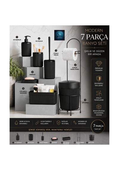 Premium Lüks 7 Li Banyo Aksesuar Seti Modern Tasarım Siyah