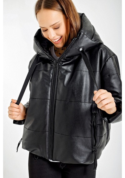 Zafir Butik Oversize Suni Deri Mont Siyah Siyah