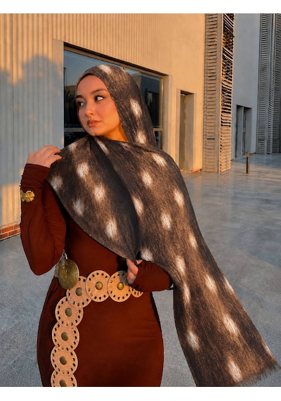 Aldaıyr Ceylan Bambi Desenli Pamuk Soft Şal Trend Kahverengi