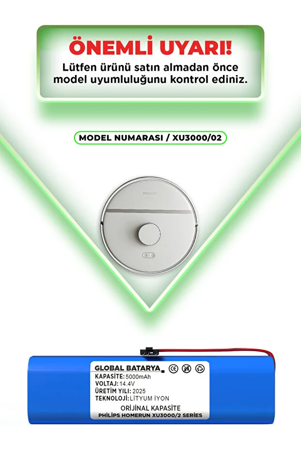 Philips Homerun 3000 Serisi Aqua Xu3000-02 Uyumlu Batarya 14.4v 5000mah Pil  Kapasite