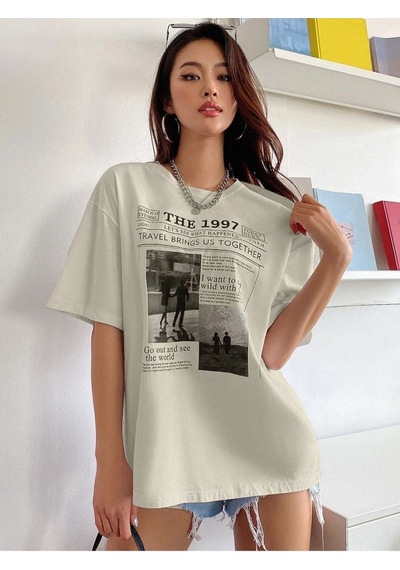 Flood Of Style Kadın Bej 1997 Baskılı Bisiklet Yaka Tshirt