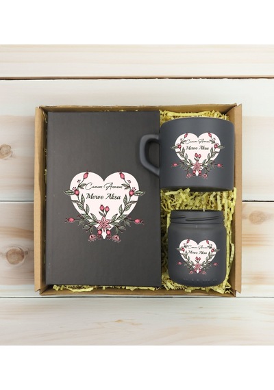 Bk Gift Kişiye Özel İsimli Dtf Anne Temalı Antrasit Defter & Kahve Fincanı & Mum Hediye Seti-5, Anneye Hediye, Anneler Günü Hediyesi Kobitmeyencom3075