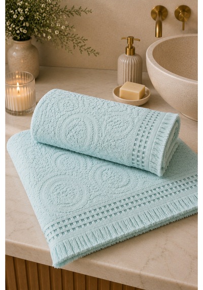Paisley Desenli Saçaklı 2 Li Baş Ve Banyo Havlusu Seti 50x90 + 90x150 Cm - Buz Mavisi