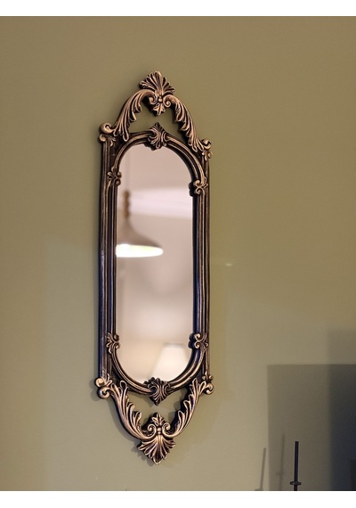 Kısa Oval Dekoratif Duvar Aynası Siyah & Eskitme Altın Yaldız 60x20 Cm Naturel