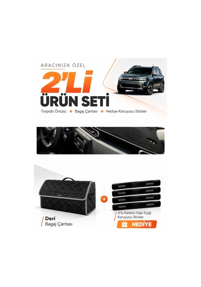 Dacia Duster 3 Nesil 2024-2026 Uyumlu Torpido Örtüsü + Deri Bagaj Çantası + Sticker - Siyah Gri