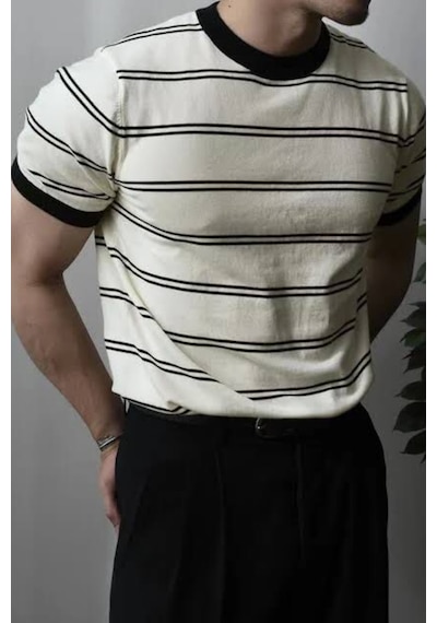Tarz Cool Erkek Çizgi Detaylı Slim Fit Bisiklet Yaka Triko T-shirt Beyaz