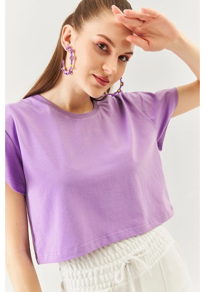 Kadın Rahat %100 Pamuklu Penye Bisiklet Yaka Kısa Kol Basic Crop T-shirt Lila