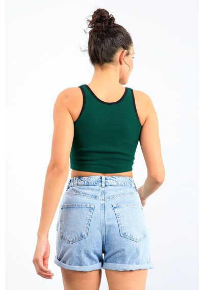 Tommy Life Yeşil Basic Sıfır Kol Dar Kalıp U Yaka Kadın Crop Top Atlet - 97162 Yeşil