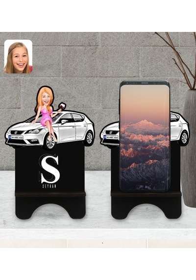 Kişiye Özel Plakalı Kadın Seat Leon Karikatürlü Ahşap Biblo Telef