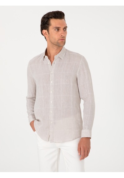 Cacharel Bej Regular Fit Kareli %100 Keten Gömlek