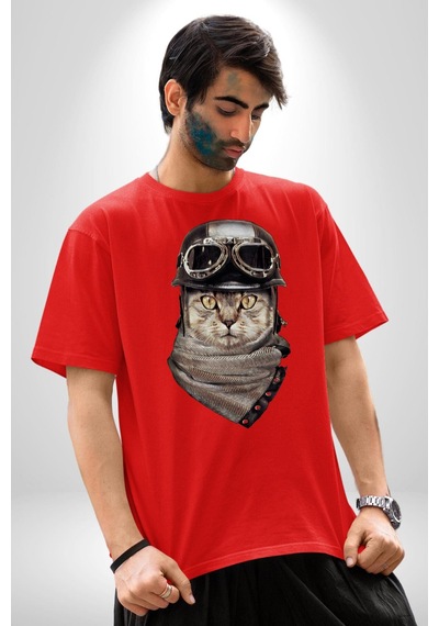 Kasket Bandana Motorcu Kedi Pamuklu Bisiklet Yaka Unisex Oversize Boyfriend Dijital Baskılı Kırmızı T-shirt Kırmızı