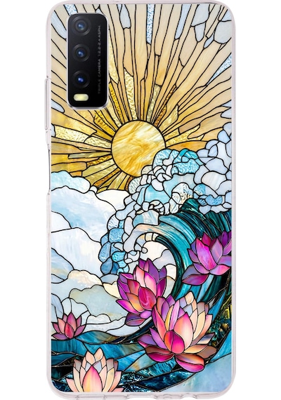Printify Vivo Y20s İle Uyumlu Vitray Okyanus Sabahı Tasarımlı Şeffaf Silikon Kılıf Şeffaf