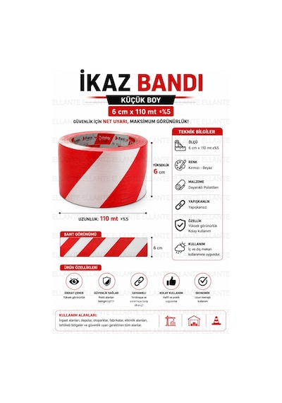 İkaz Bandı 6 Cm X 110 Metre Kırmızı Beyaz Güvenlik Uyarı Şeridi Şantiye Depo Otopark Ve Etkinlik Ala