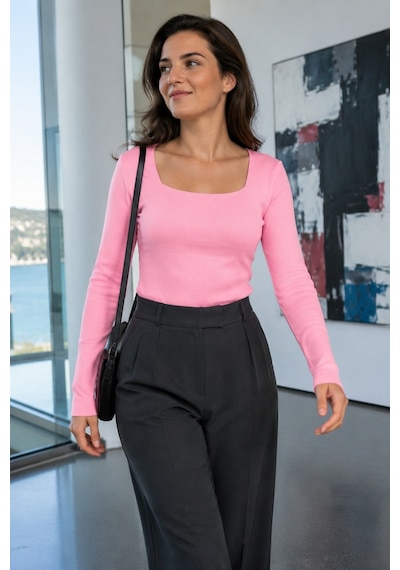 Armonika Kadın Pembe Kare Yaka Likralı Triko Bluz Arm-26k069002