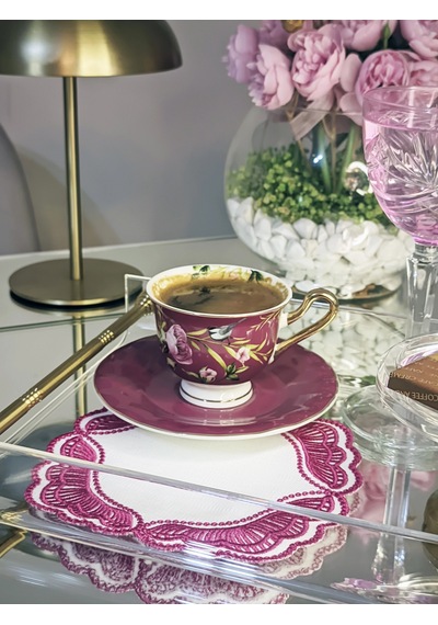 Majestik Magenta Dalgalı Nakış Peçete 2'li Set 15x15cm Premium Kokteyl Sunum Peçetesi Çok Renkli
