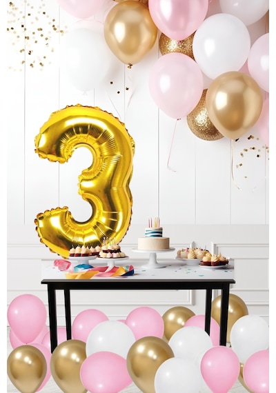 3 Yaş Retro Krom Gold Pembe Beyaz Balon Seti Gold Rakamlı Doğum Günü Balonu Şık Parti Süsleme Çok Renkli