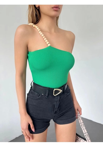 Saklımoda Ahşap Boncuk Detaylı Askılı Triko Bluz Yeşil - Df2303 Çok Renkli