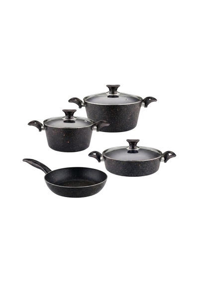 7 Parça Granit Set Cam Kapak - Siyah Siyah