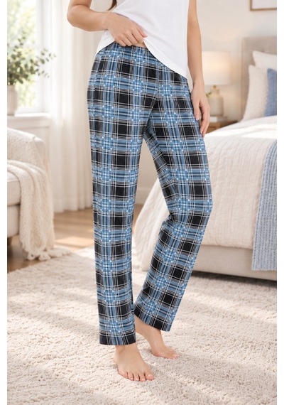 Lılac Kadın %95 Viskon Yaka Biyeli Ekose Pijama Takımı Lacivert-beyaz Lacivert-beyaz