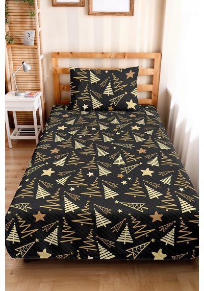 Yılbaşı Çam Ağacı Siyah Genç Odası Tek Kişilik Pike Takımı - Yıldızlı Altın 160x220 Cm Yatak Örtüsü Hafif Kabuğu Serabı