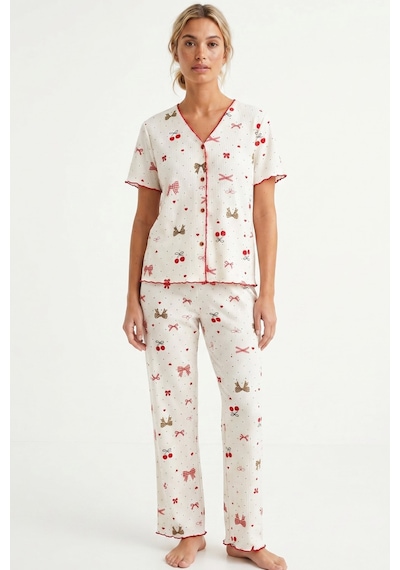 Siyah İnci Yumuşak Tuşe Yazlık Fitilli Pamuklu Örme Pijama Takım 7994 Leopar Fiyonk