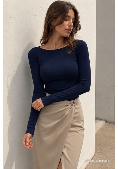 Madmext Lacivert Kayık Yaka Uzun Kollu Kadın Bluz Mg2267
