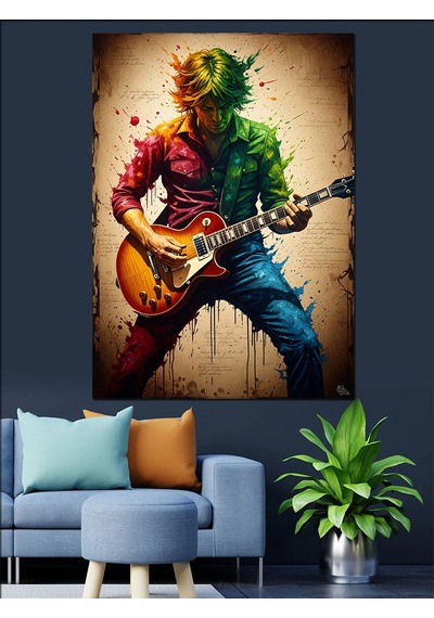 Ahşap Tablo Gitar Çalan Renkli Modern Sanatçı