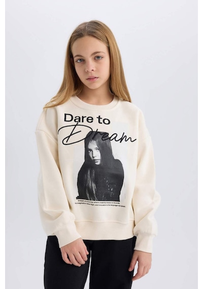 DeFacto Kız Çocuk Oversize Geniş Kalıp Bisiklet Yaka Baskılı Sweatshirt D5452A824WNER233 Ekru