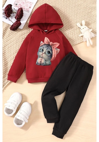 Uyguntarz Çocuk Sevimli Kedi Eşofman Takımı Kırmızı Sweat Siyah Alt Eşofman