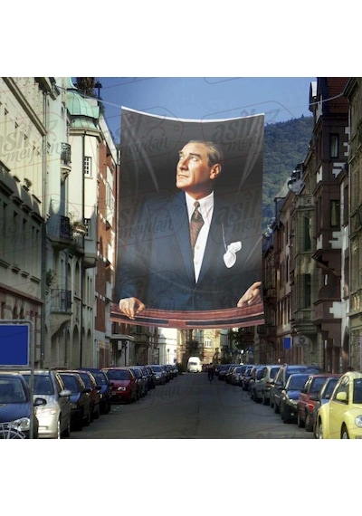 Takım Elbiseli Sivil Göğe Bakan Gazi Mustafa Kemal Atatürk - Portre Cephe Poster Bayrak-4x6 Metre 1